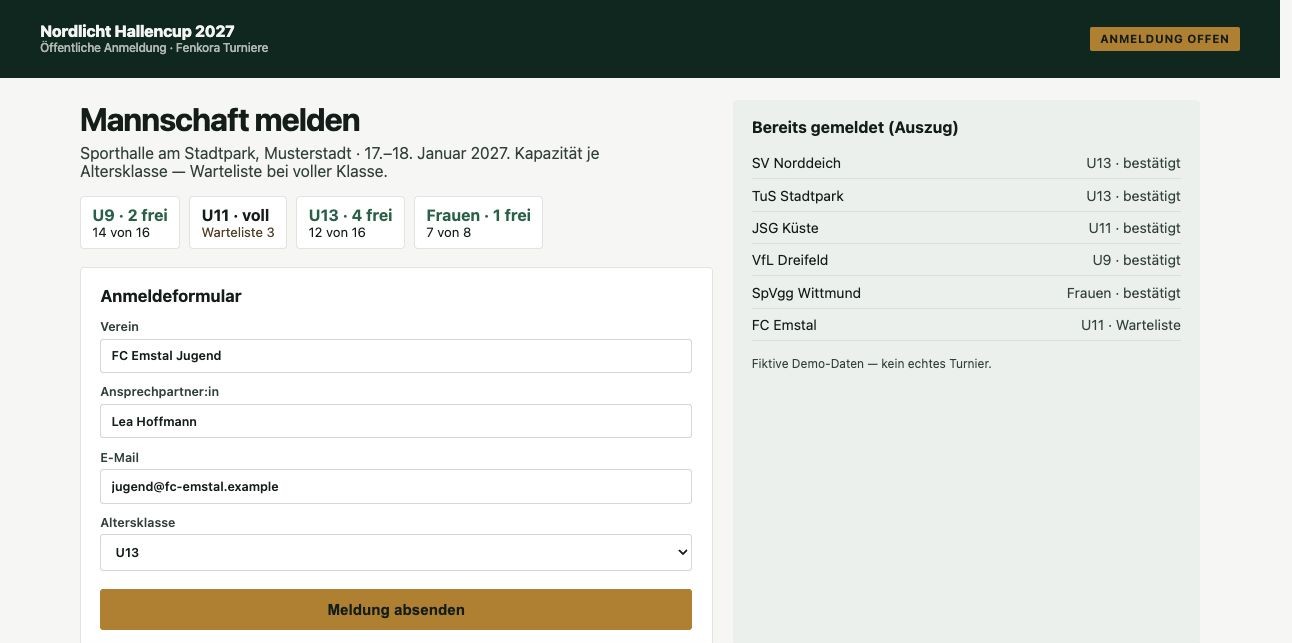 Öffentliche Anmeldung Nordlicht Hallencup mit Kapazität und Formular